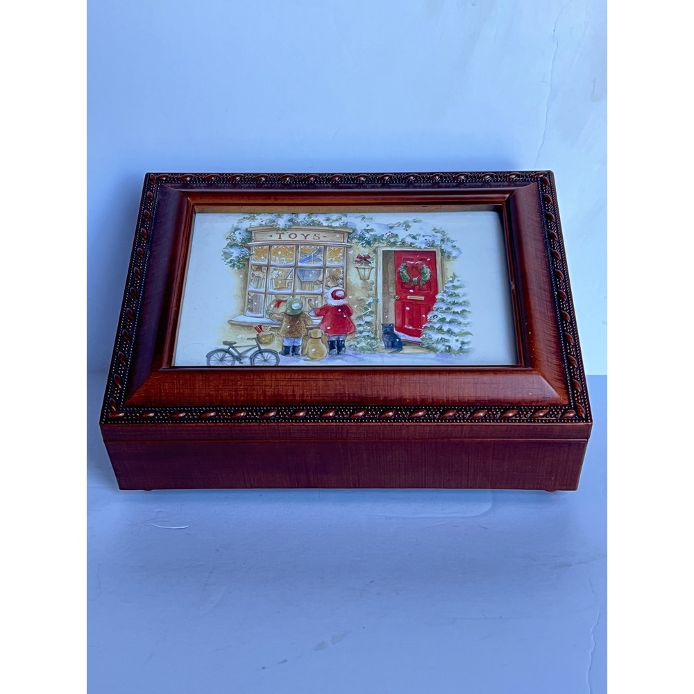 Wooden Music Jewelry Box Winter Toy Shop Scene Photo Frame Lid Plays Music